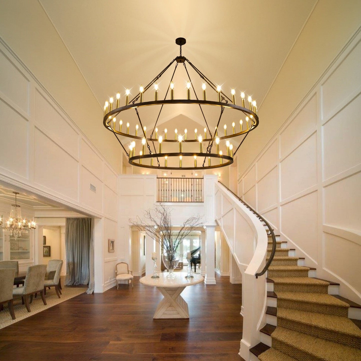 Luminaire moderne de style farmhouse, lustre à 2 niveaux en forme de roue de charrette, grand luminaire pour plafond haut.