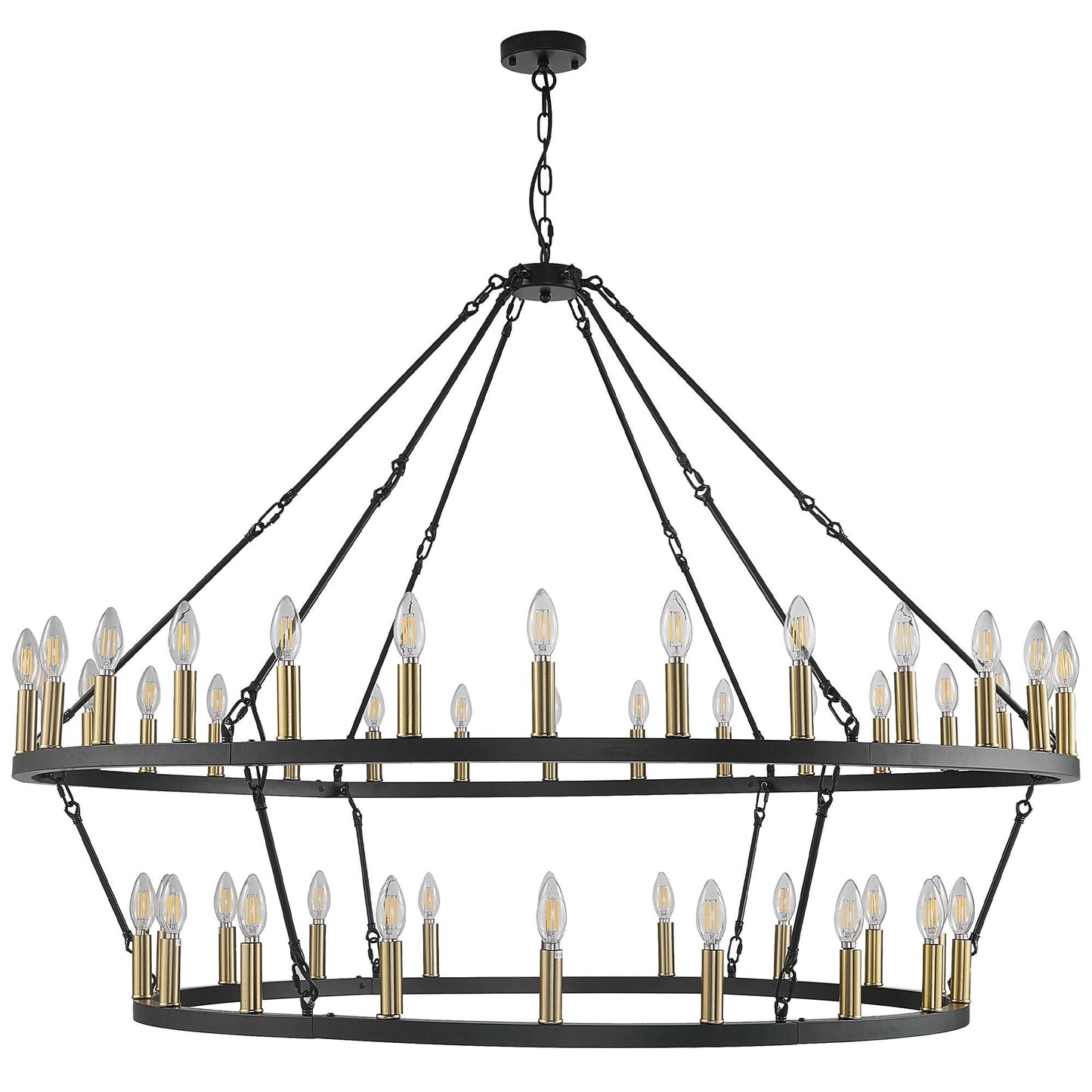 Luminaire moderne de style farmhouse, lustre à 2 niveaux en forme de roue de charrette, grand luminaire pour plafond haut.