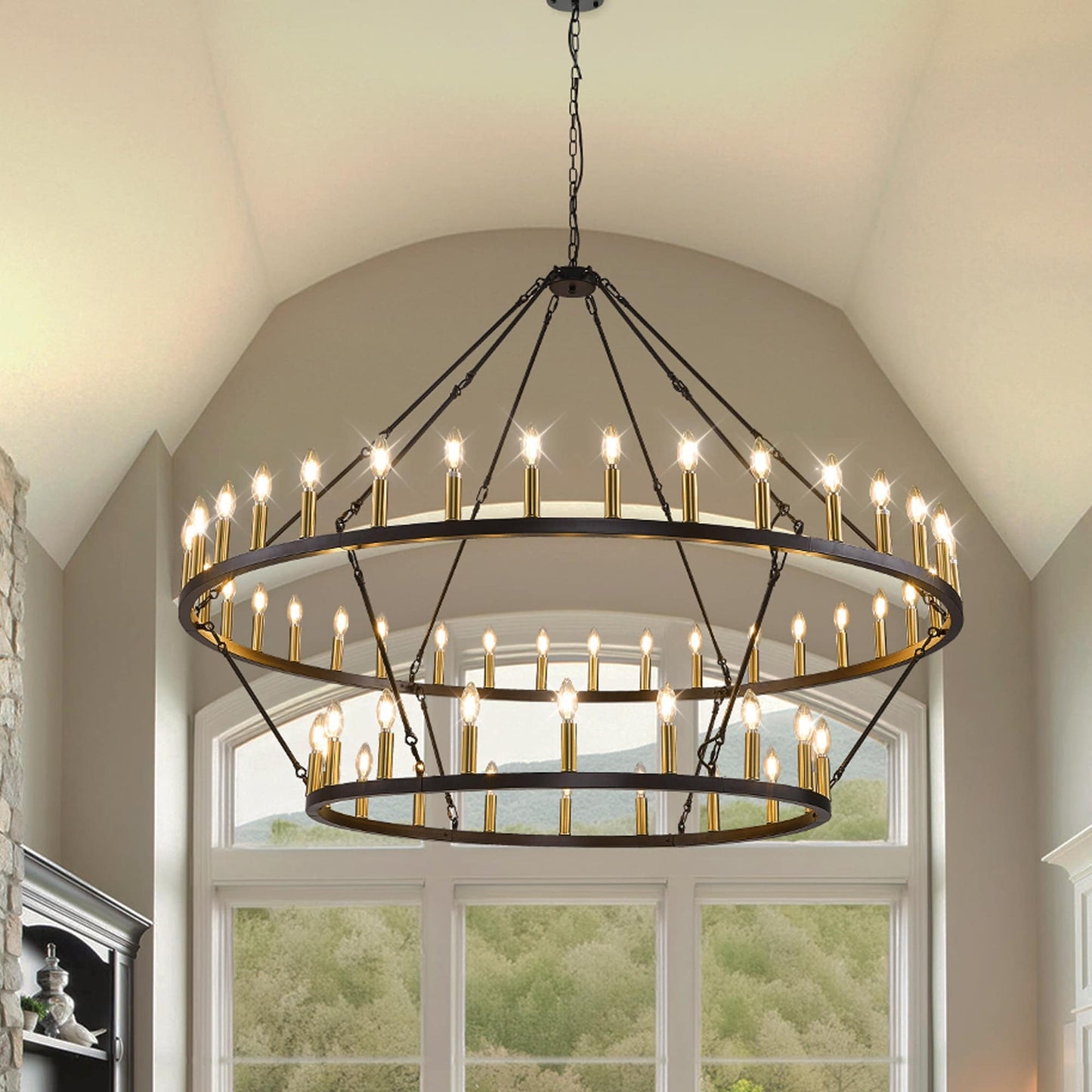 Luminaire moderne de style farmhouse, lustre à 2 niveaux en forme de roue de charrette, grand luminaire pour plafond haut.