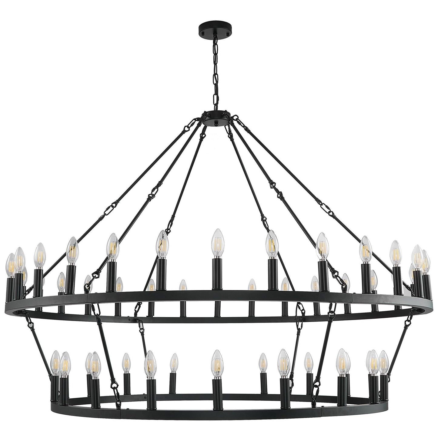 Luminaire moderne de style farmhouse, lustre à 2 niveaux en forme de roue de charrette, grand luminaire pour plafond haut.