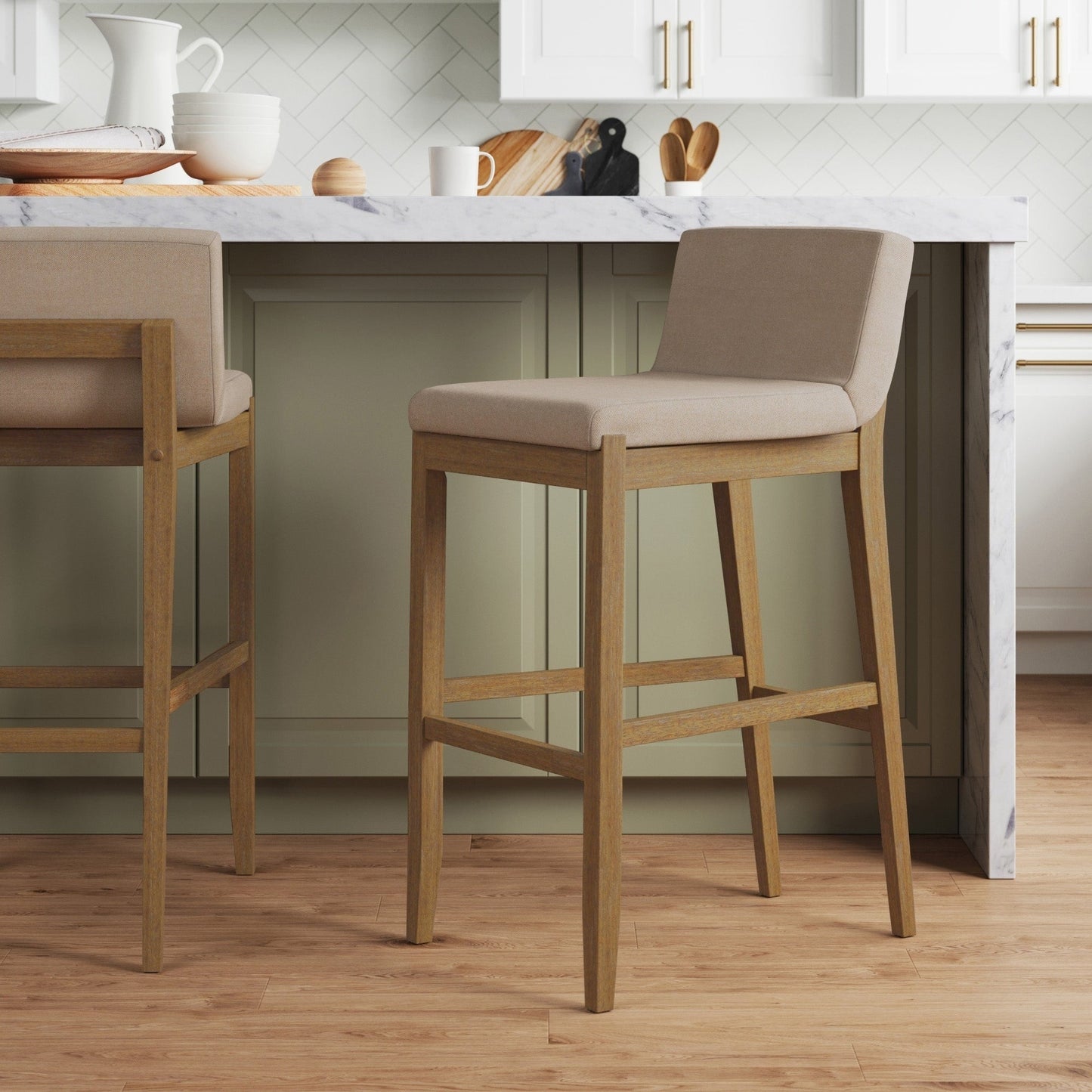 Tabouret de bar moderne Gracie, chaise rembourrée en bouclé et pieds en bois brossé
