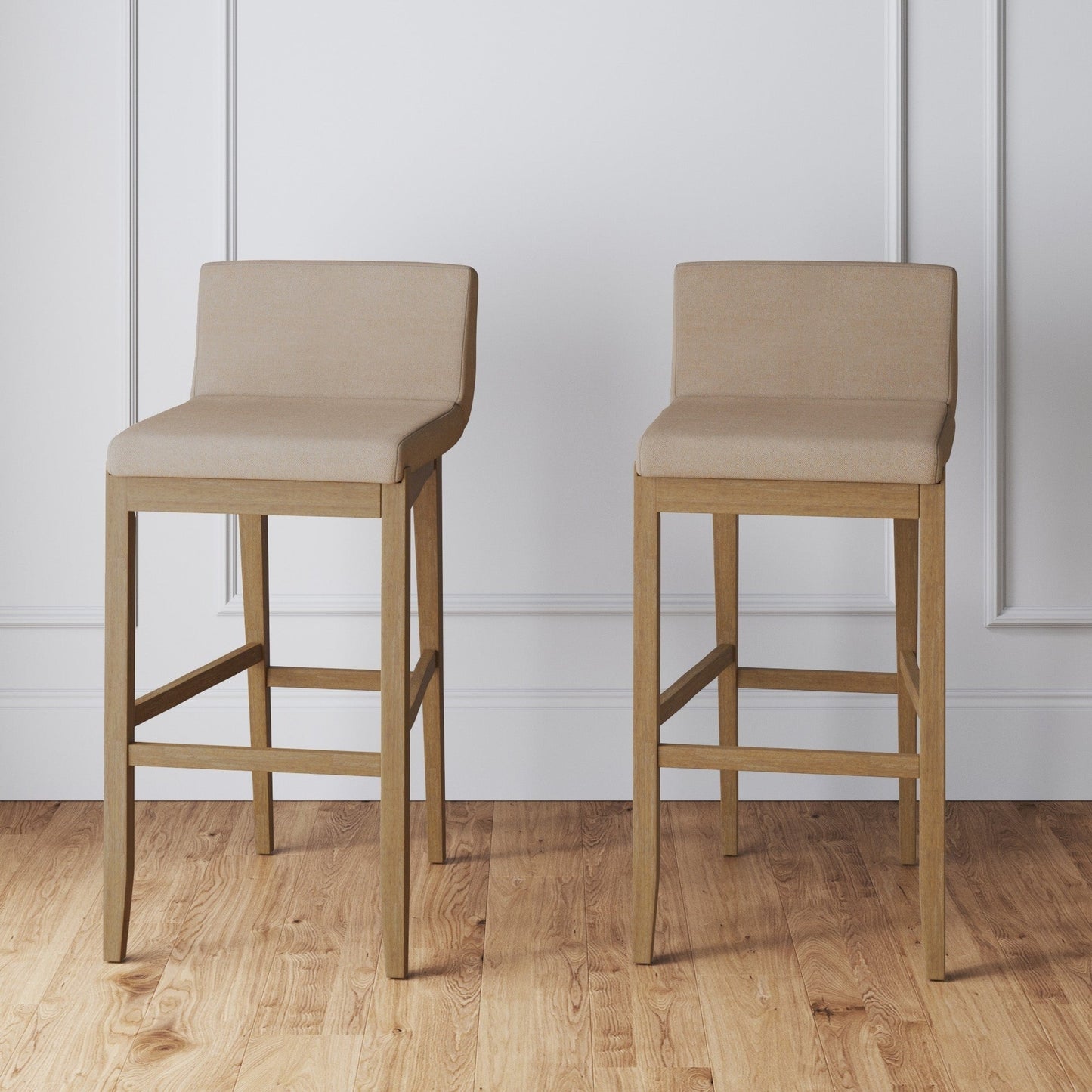 Tabouret de bar moderne Gracie, chaise rembourrée en bouclé et pieds en bois brossé