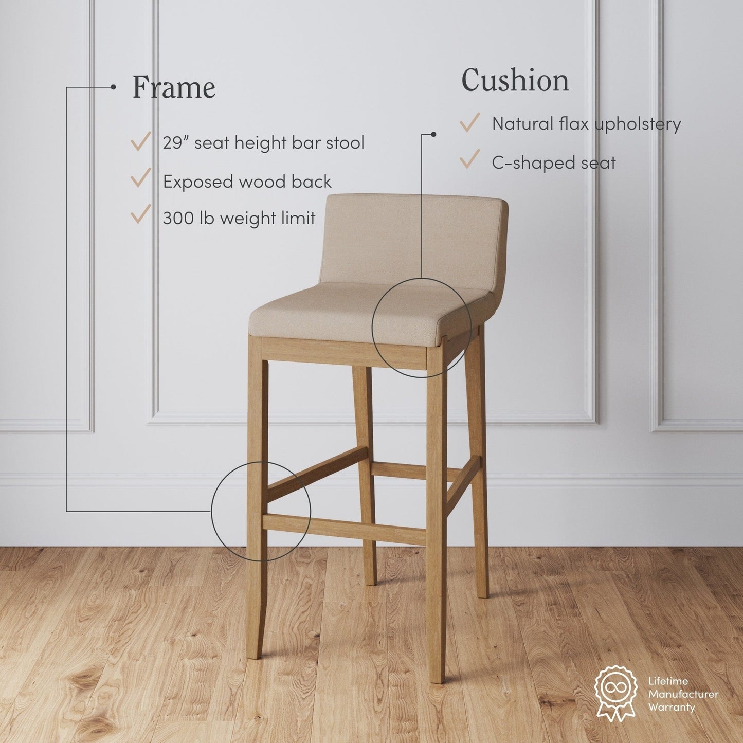 Tabouret de bar moderne Gracie, chaise rembourrée en bouclé et pieds en bois brossé