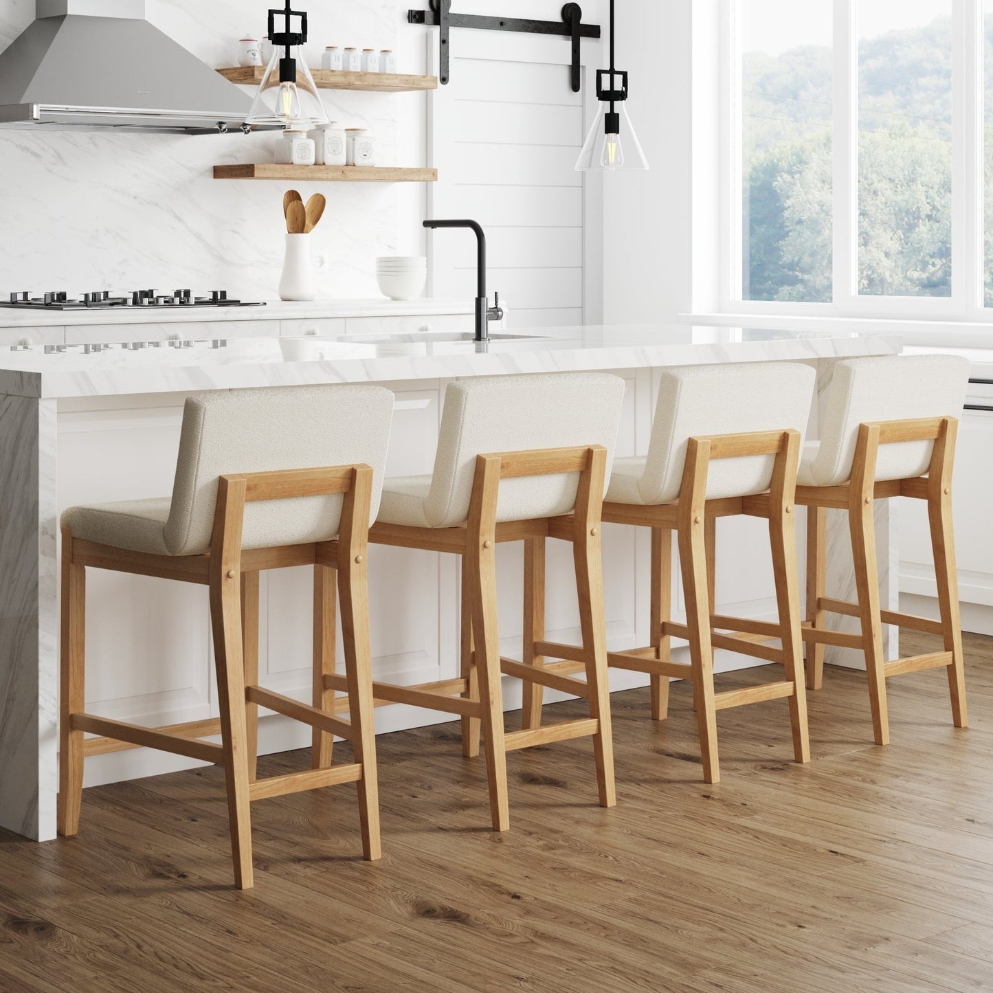 Tabouret de bar moderne Gracie, chaise rembourrée en bouclé et pieds en bois brossé