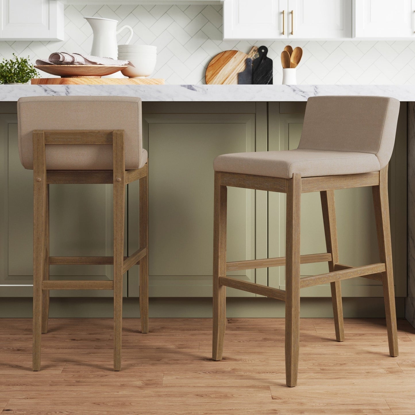 Tabouret de bar moderne Gracie, chaise rembourrée en bouclé et pieds en bois brossé