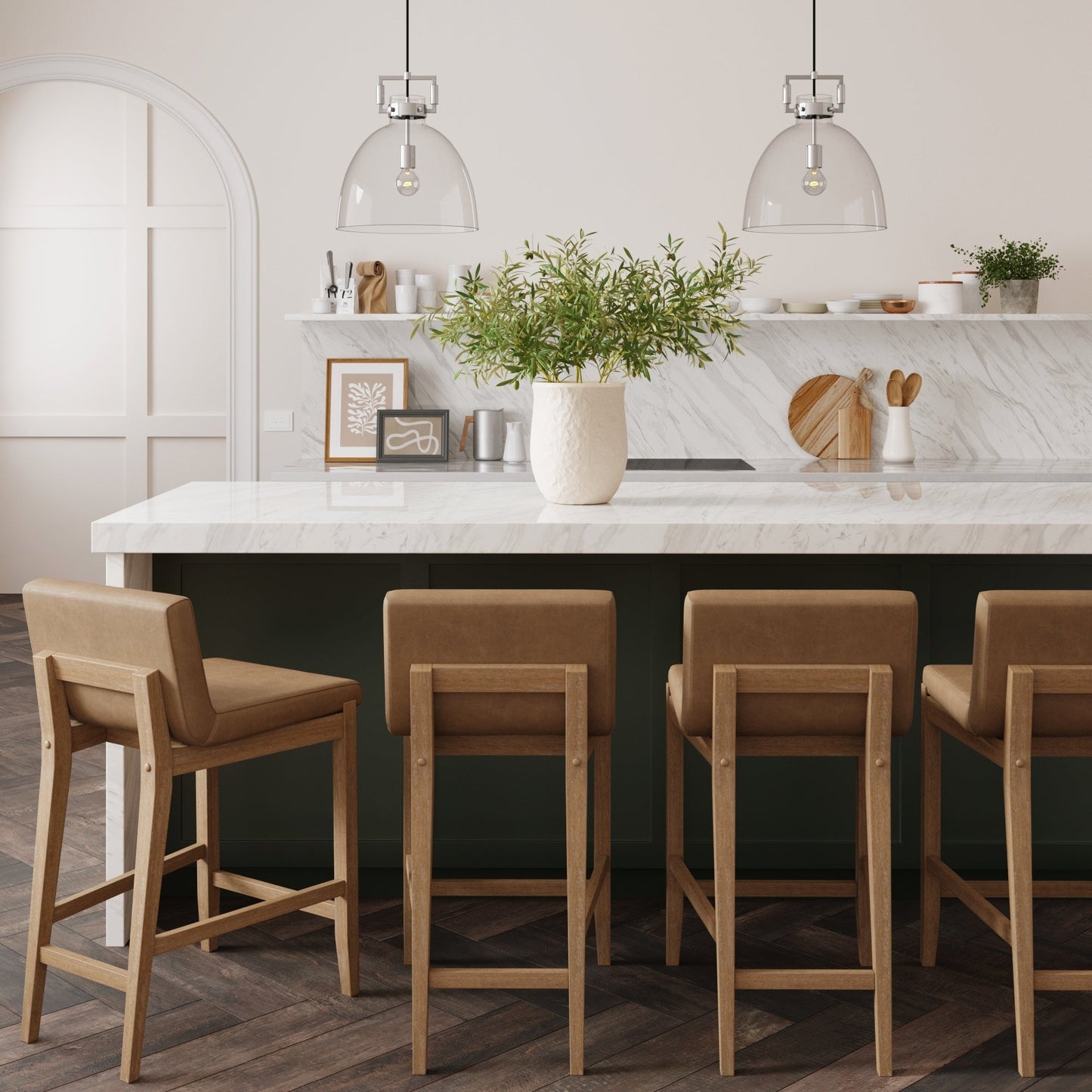 Tabouret de bar moderne Gracie, chaise rembourrée en bouclé et pieds en bois brossé
