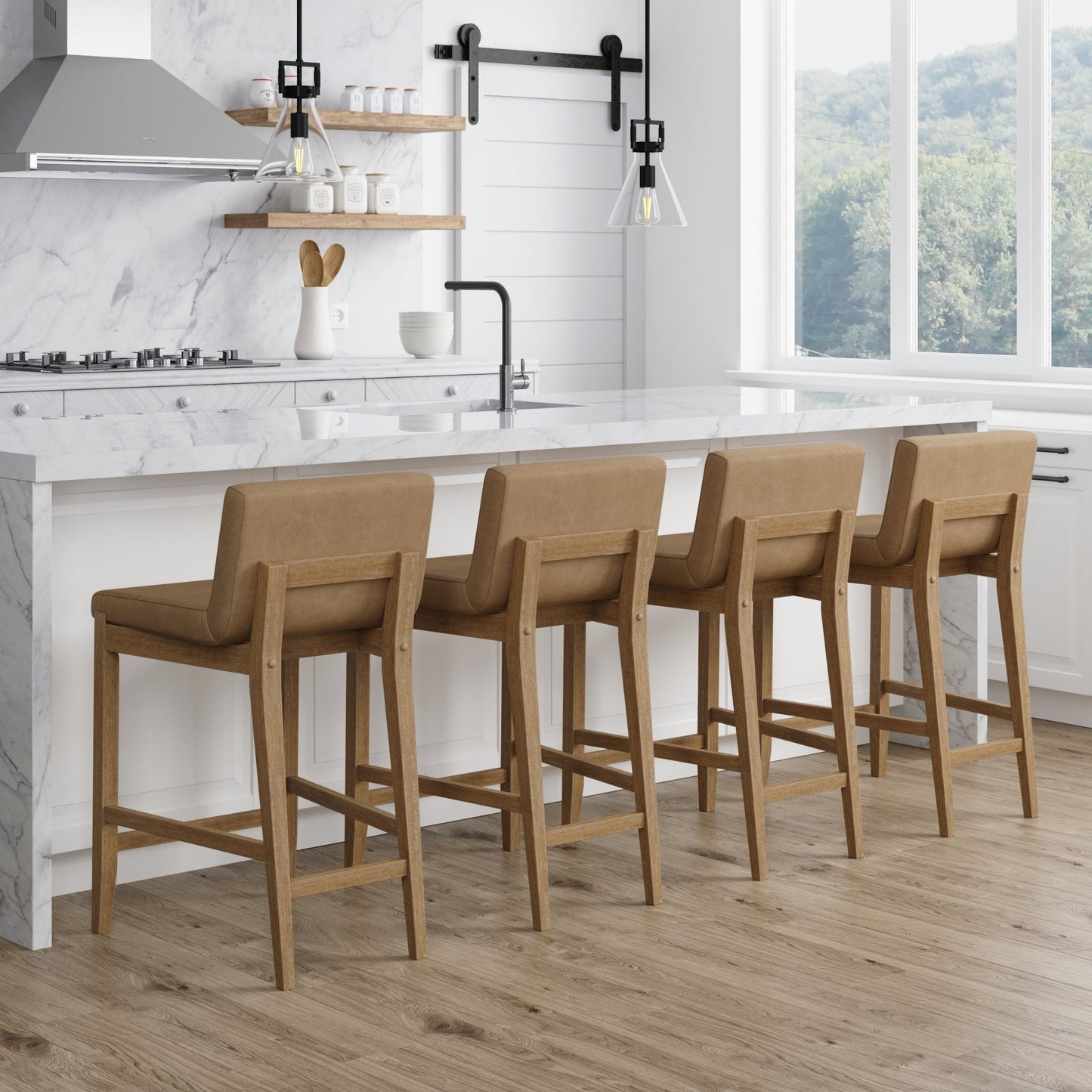 Tabouret de bar moderne Gracie, chaise rembourrée en bouclé et pieds en bois brossé