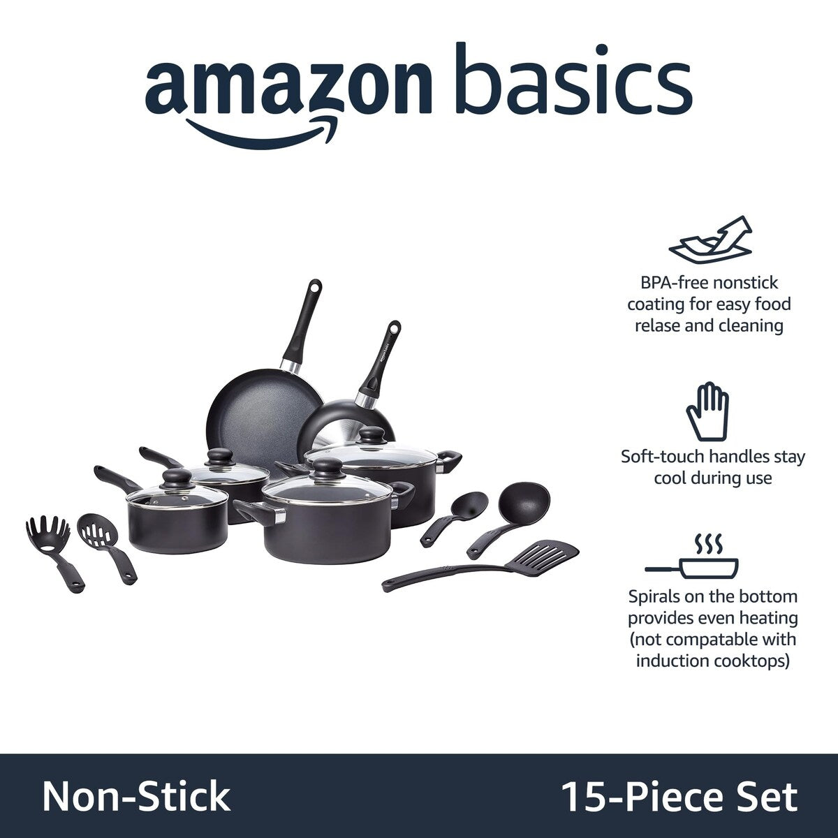 Ensemble de 15 pièces de batterie de cuisine antiadhésive, casseroles, poêles et ustensiles, noir