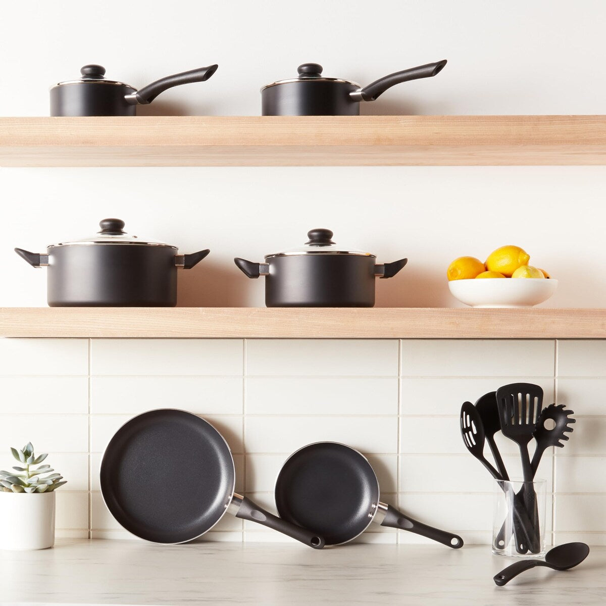 Ensemble de 15 pièces de batterie de cuisine antiadhésive, casseroles, poêles et ustensiles, noir