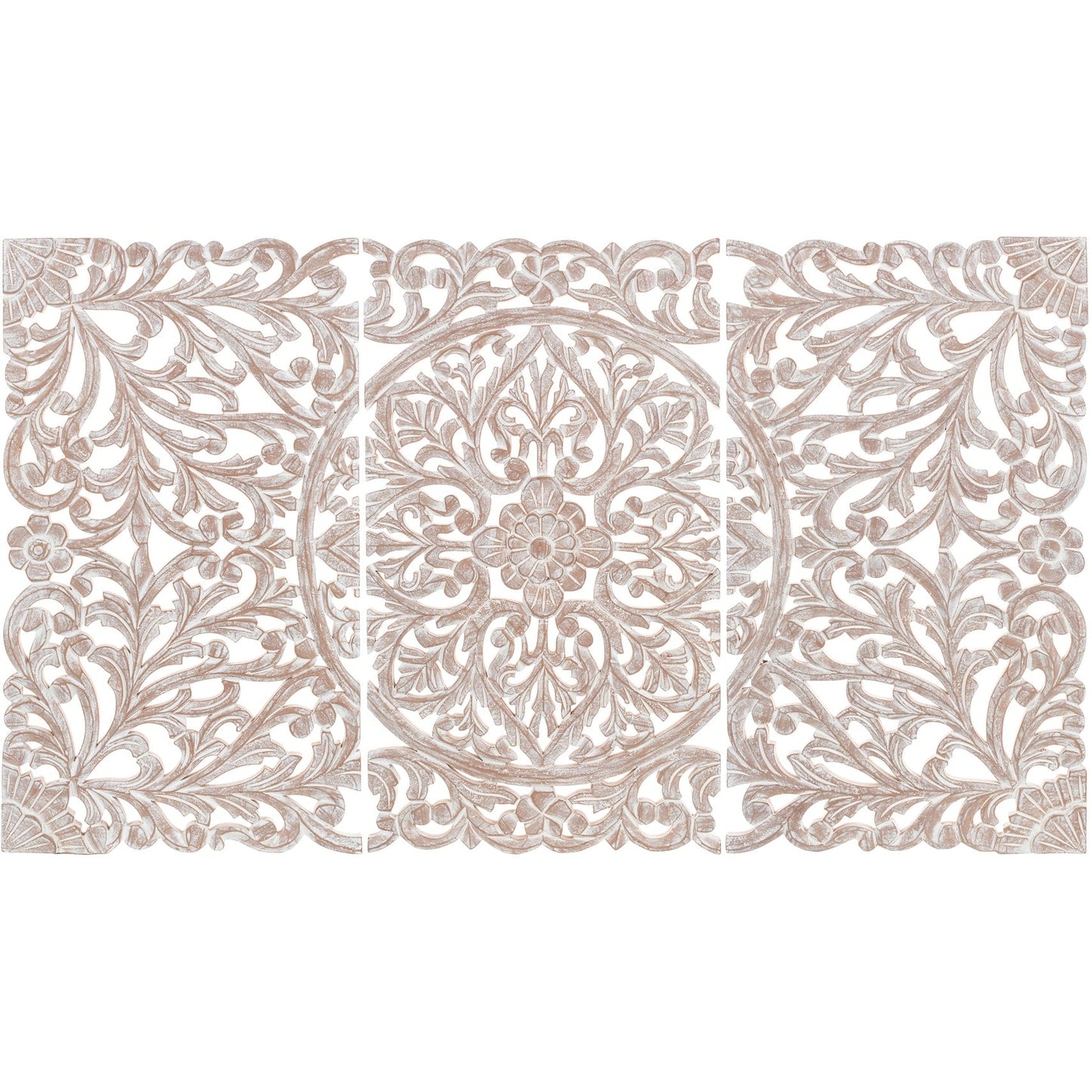 Norma - Tableau mural en bois naturel à motifs floraux, sculpté à la main, 3 panneaux, 122 x 71 cm (48x28 pouces)