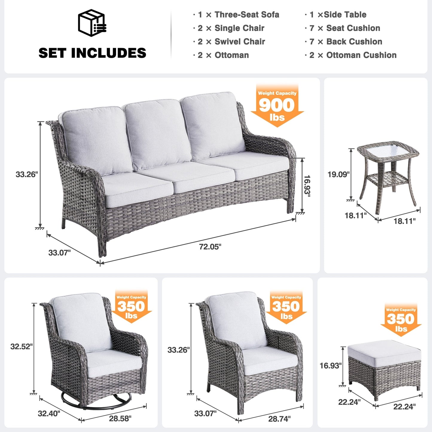 OVIOS Ensemble de meubles de jardin en osier 8 pièces avec chaises pivotantes