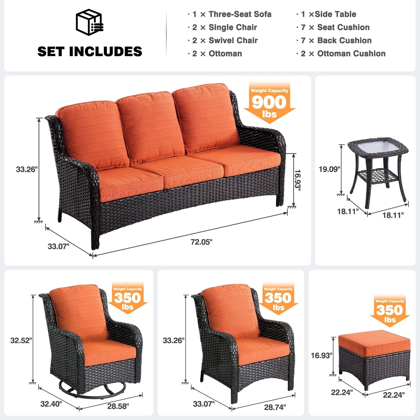 OVIOS Ensemble de meubles de jardin en osier 8 pièces avec chaises pivotantes