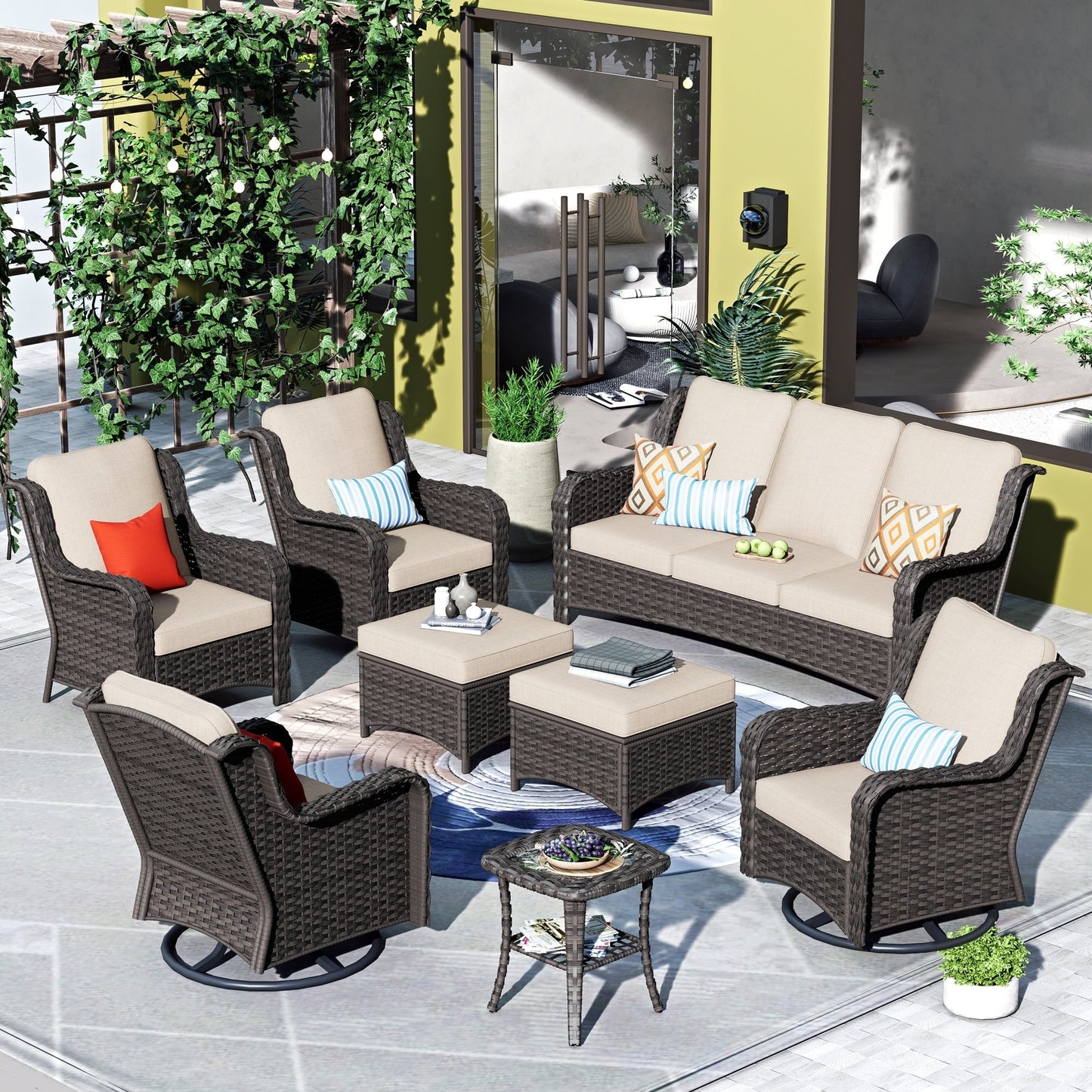 OVIOS Ensemble de meubles de jardin en osier 8 pièces avec chaises pivotantes