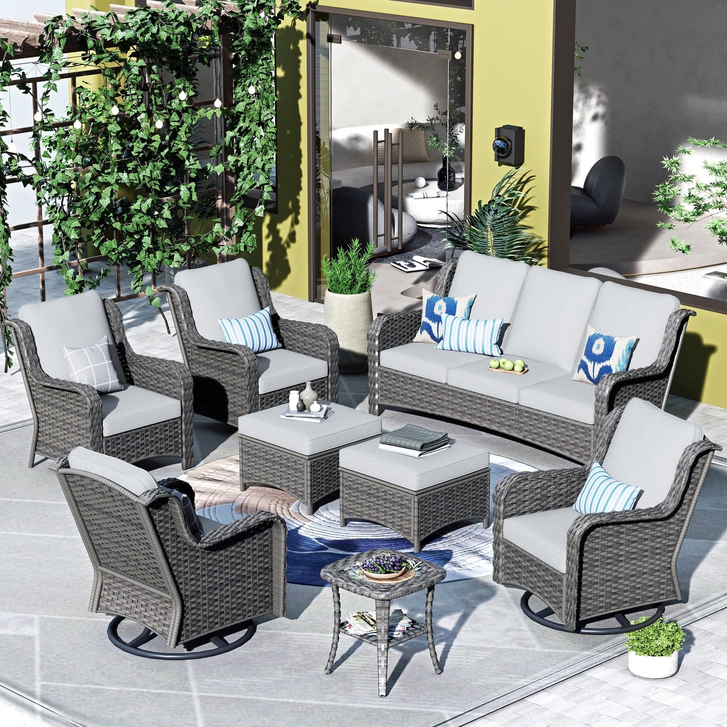 OVIOS Ensemble de meubles de jardin en osier 8 pièces avec chaises pivotantes