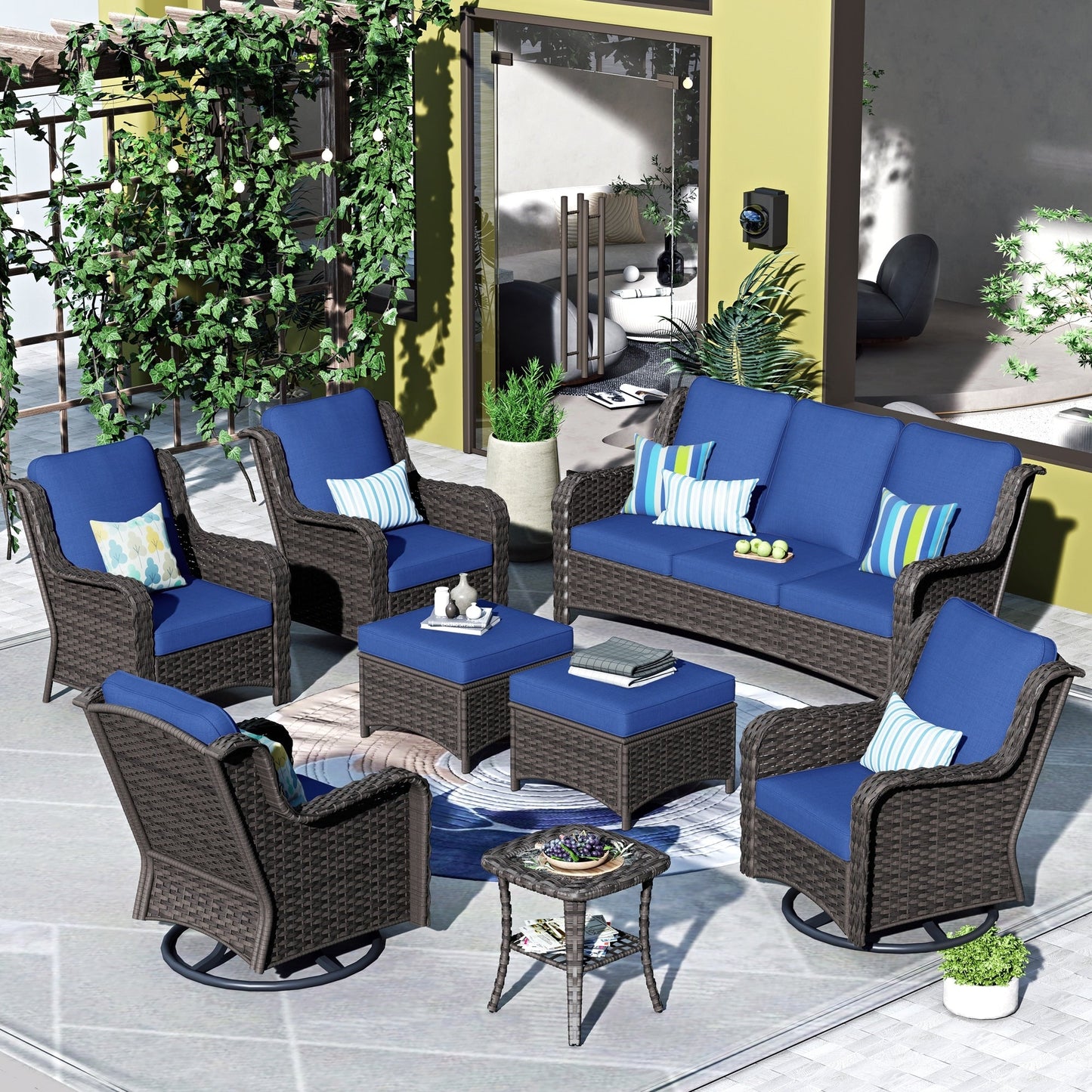 OVIOS Ensemble de meubles de jardin en osier 8 pièces avec chaises pivotantes