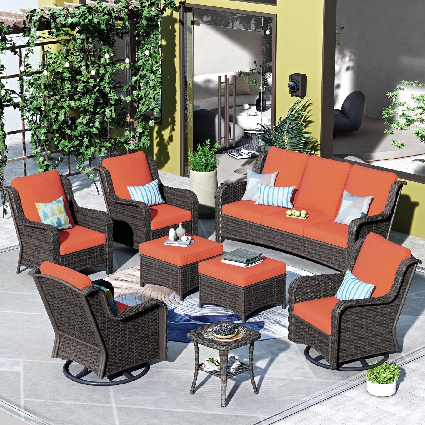 OVIOS Ensemble de meubles de jardin en osier 8 pièces avec chaises pivotantes
