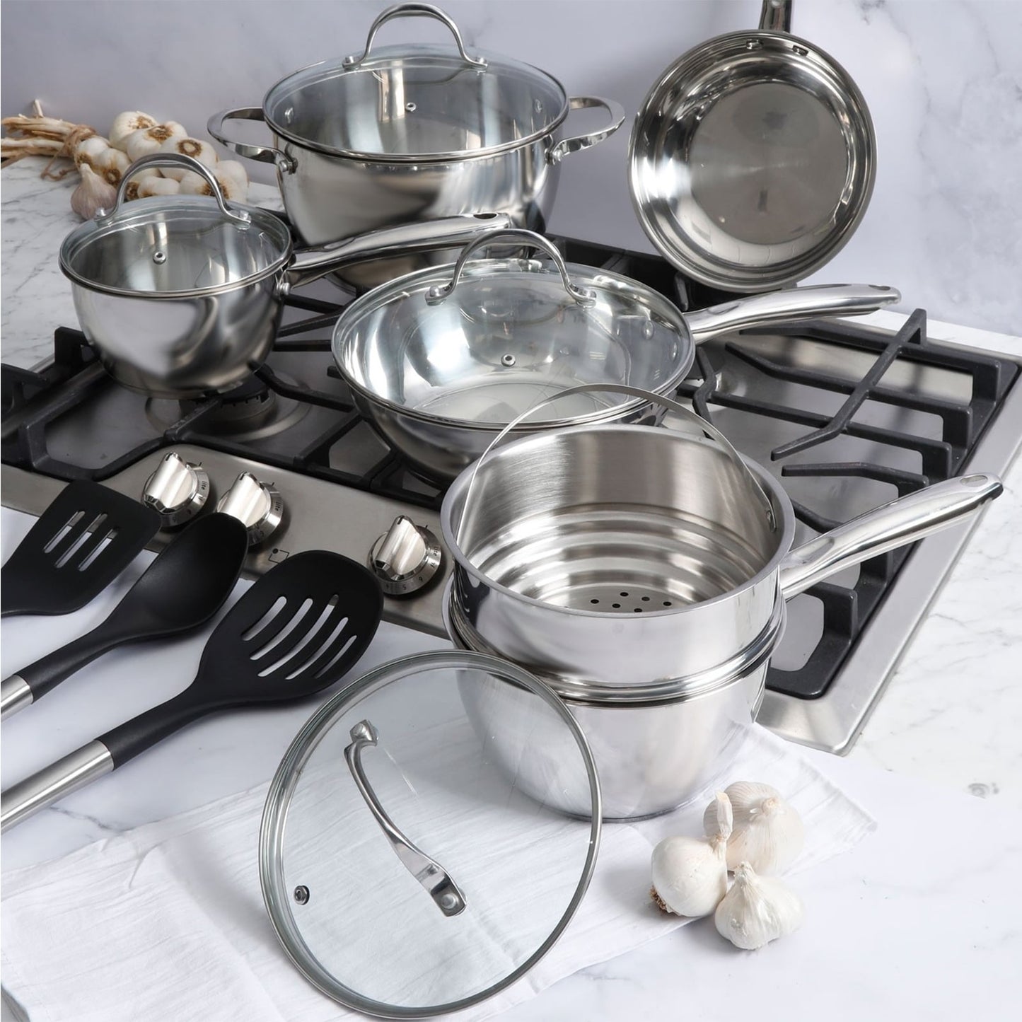 Ensemble de cuisine en acier inoxydable à forme de ventre, 13 pièces, Oster Ridgewell