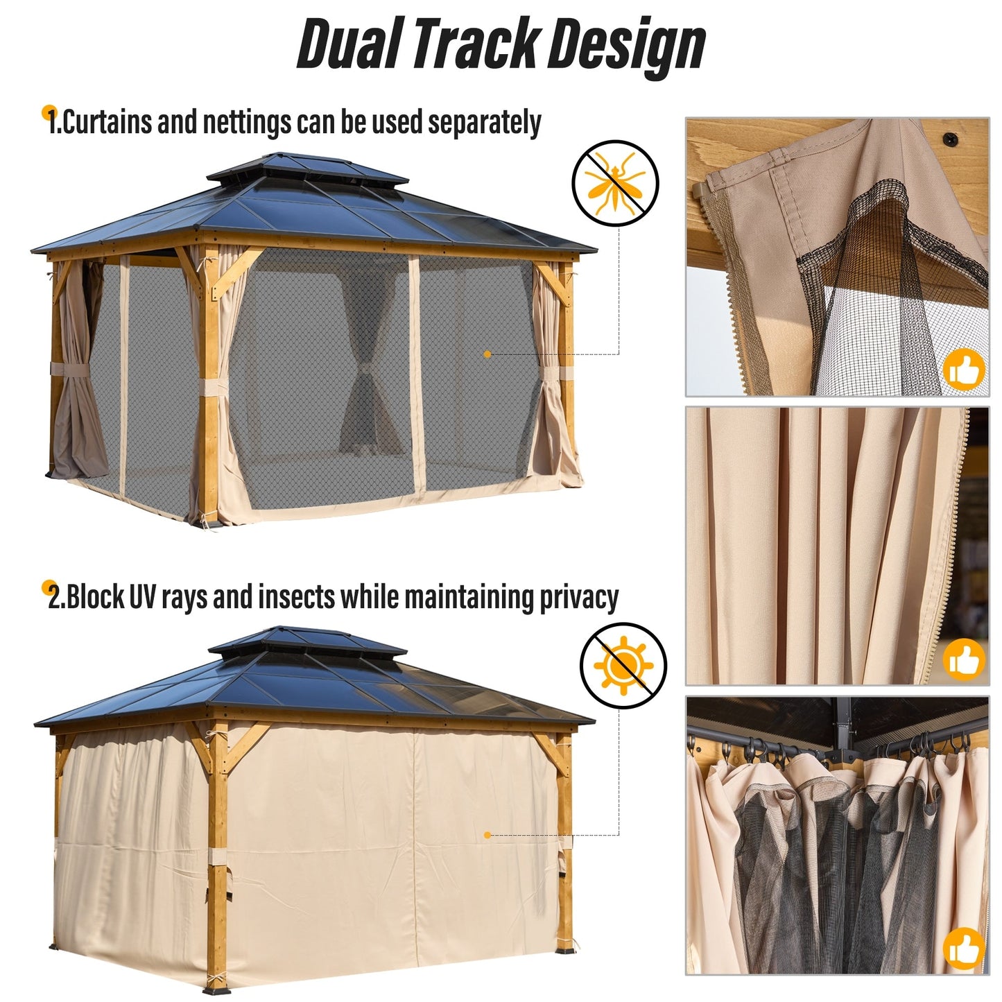 EROMMY Gazebo à toit rigide, Pergola d'extérieur avec double toit, moustiquaire et rideaux, auvent robuste pour patio, jardin, fête à la piscine