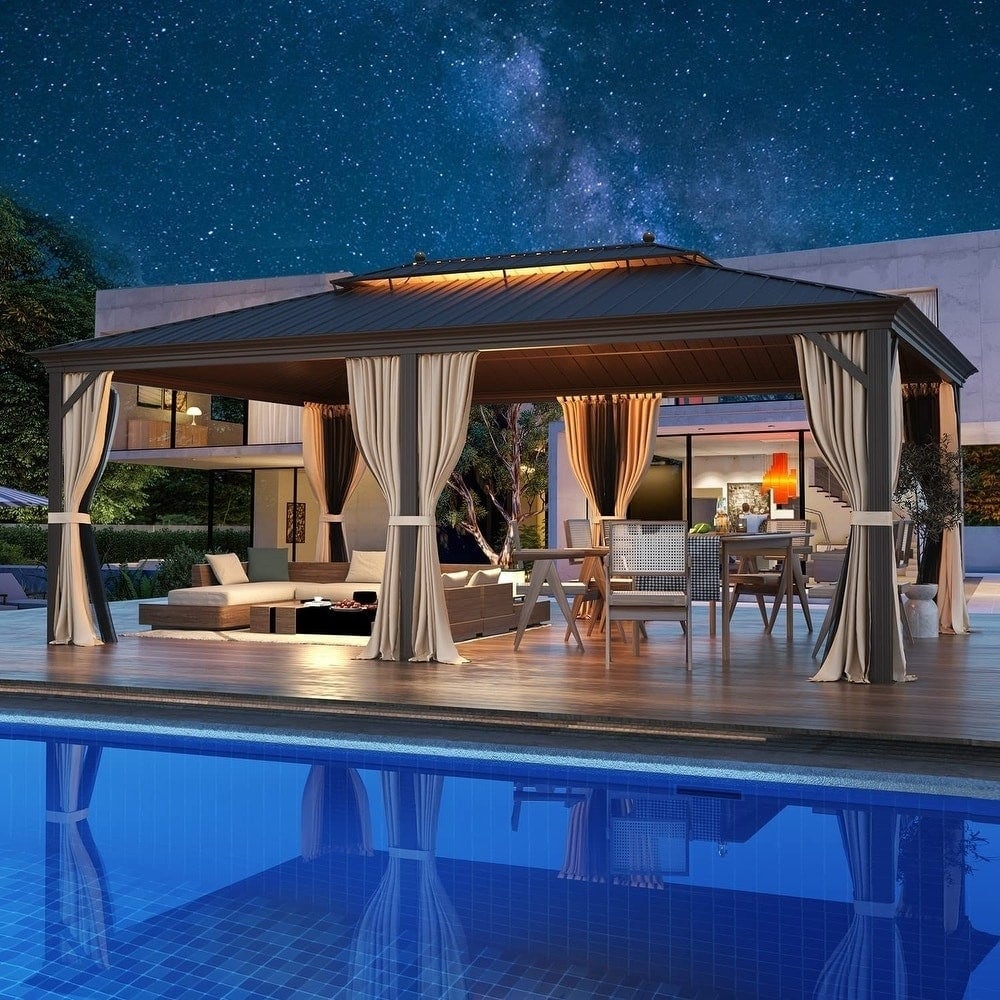 Gazebo extérieur à toit rigide avec double toit en acier galvanisé et cadre en aluminium, pergola extérieure avec rideaux et moustiquaires haut de gamme.