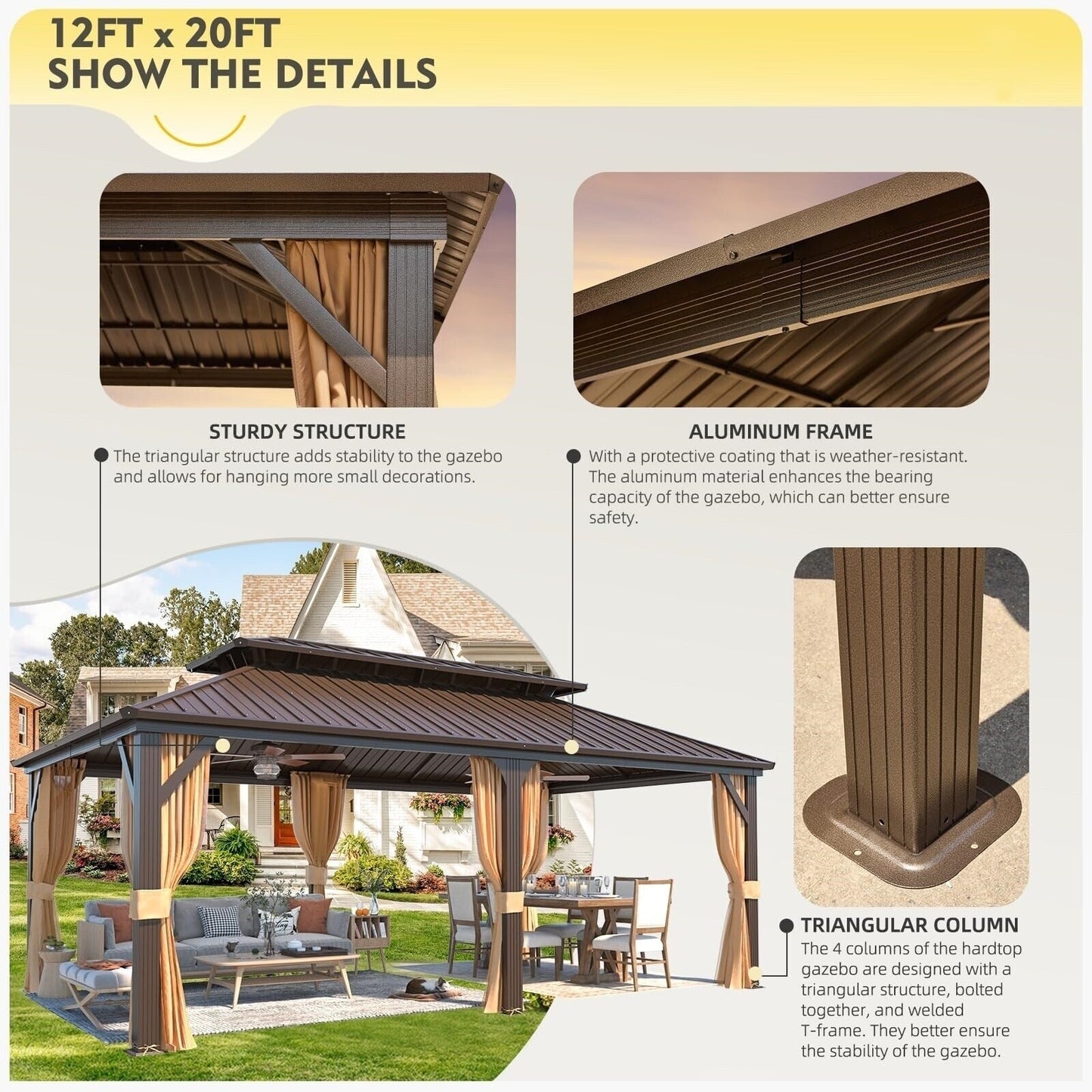 Gazebo extérieur à toit rigide avec double toit en acier galvanisé et cadre en aluminium, pergola extérieure avec rideaux et moustiquaires haut de gamme.