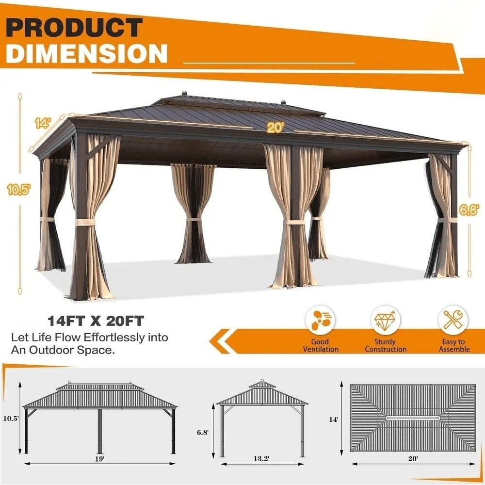 Gazebo extérieur à toit rigide avec double toit en acier galvanisé et cadre en aluminium, pergola extérieure avec rideaux et moustiquaires haut de gamme.