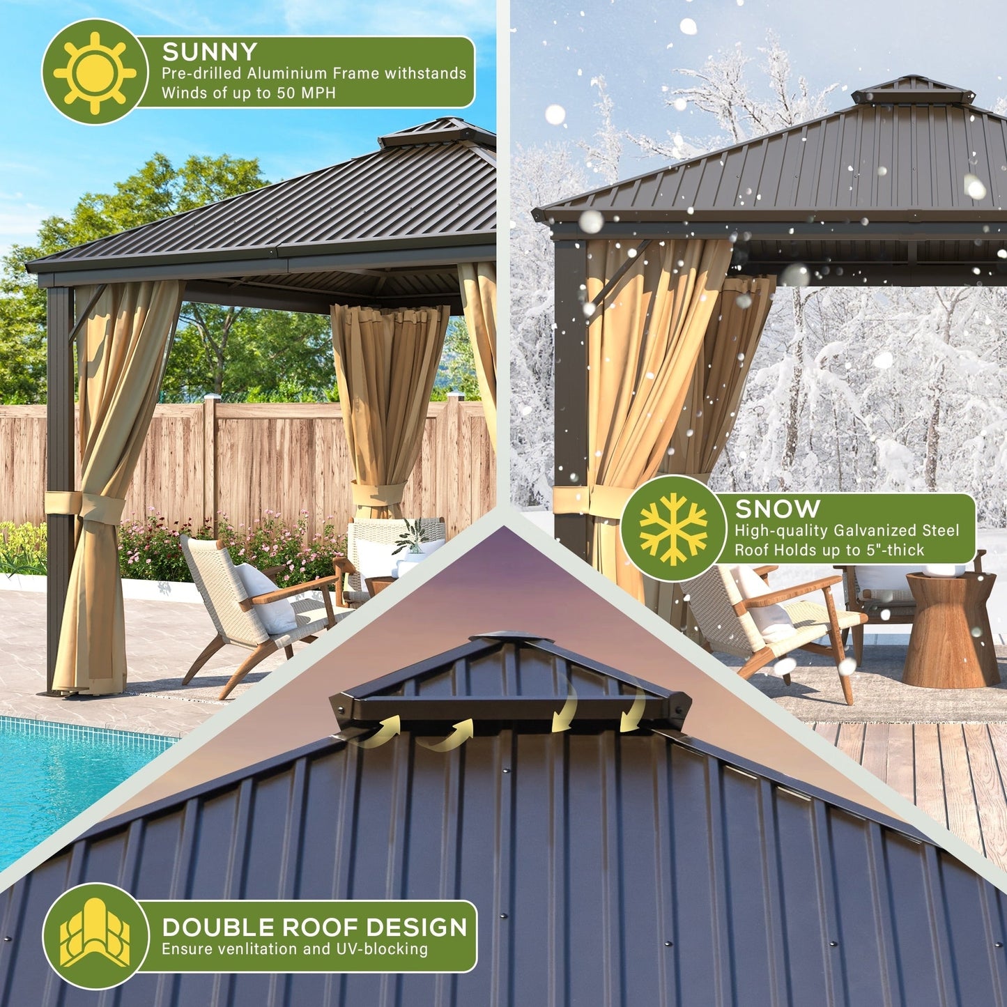 Gazebo extérieur à toit rigide avec double toit en acier galvanisé et cadre en aluminium, pergola extérieure avec rideaux et moustiquaires haut de gamme.