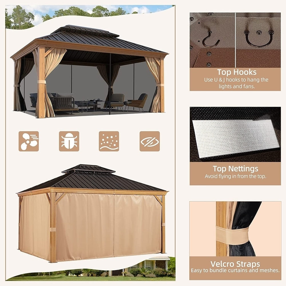 Gazebo extérieur à toit rigide avec double toit en acier galvanisé et cadre en aluminium, pergola extérieure avec rideaux et moustiquaires haut de gamme.