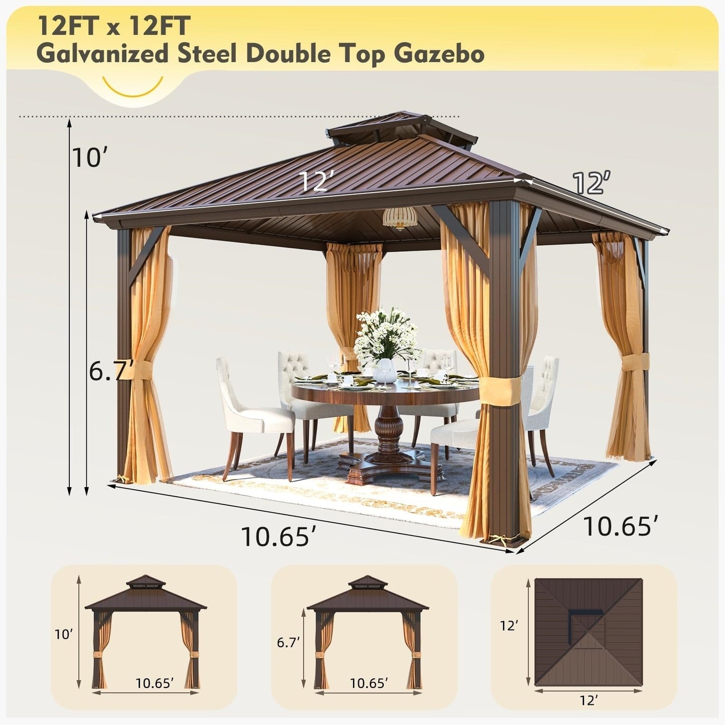 Gazebo extérieur à toit rigide avec double toit en acier galvanisé et cadre en aluminium, pergola extérieure avec rideaux et moustiquaires haut de gamme.