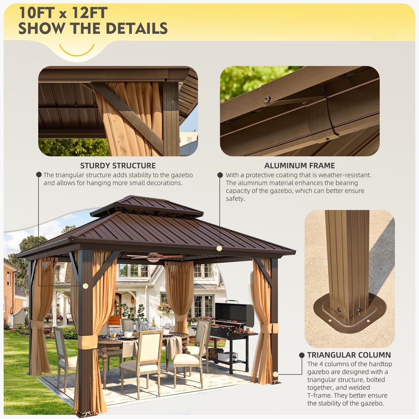 Gazebo extérieur à toit rigide avec double toit en acier galvanisé et cadre en aluminium, pergola extérieure avec rideaux et moustiquaires haut de gamme.