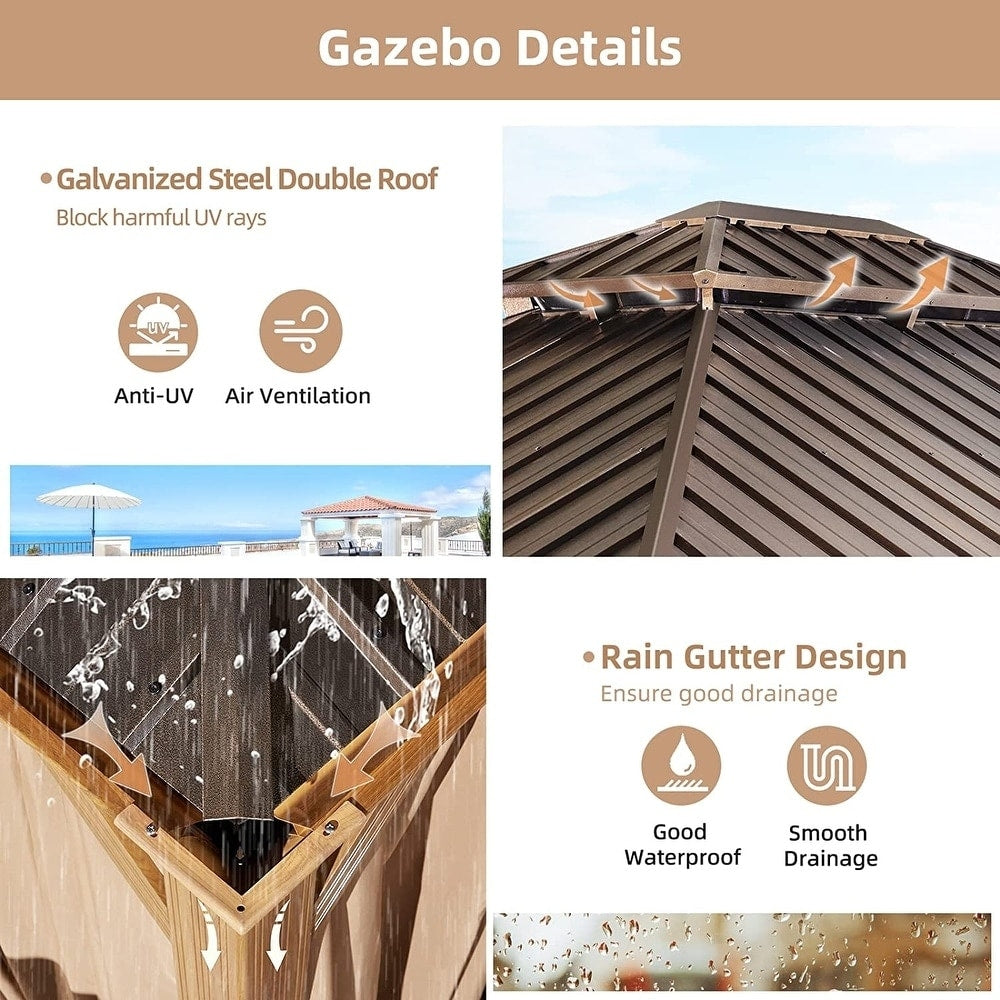 Gazebo extérieur à toit rigide avec double toit en acier galvanisé et cadre en aluminium, pergola extérieure avec rideaux et moustiquaires haut de gamme.