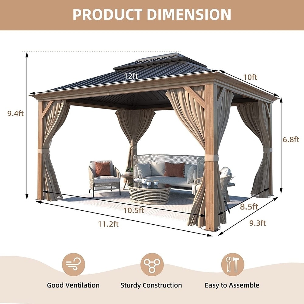 Gazebo extérieur à toit rigide avec double toit en acier galvanisé et cadre en aluminium, pergola extérieure avec rideaux et moustiquaires haut de gamme.
