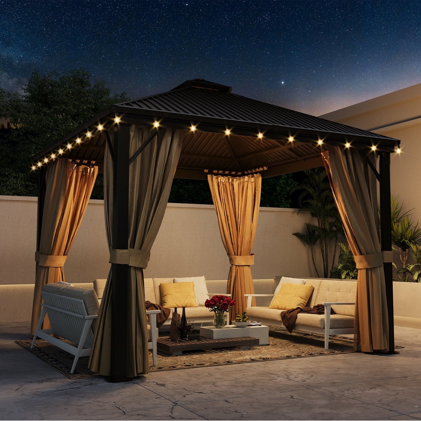 Gazebo extérieur à toit rigide avec double toit en acier galvanisé et cadre en aluminium, pergola extérieure avec rideaux et moustiquaires haut de gamme.
