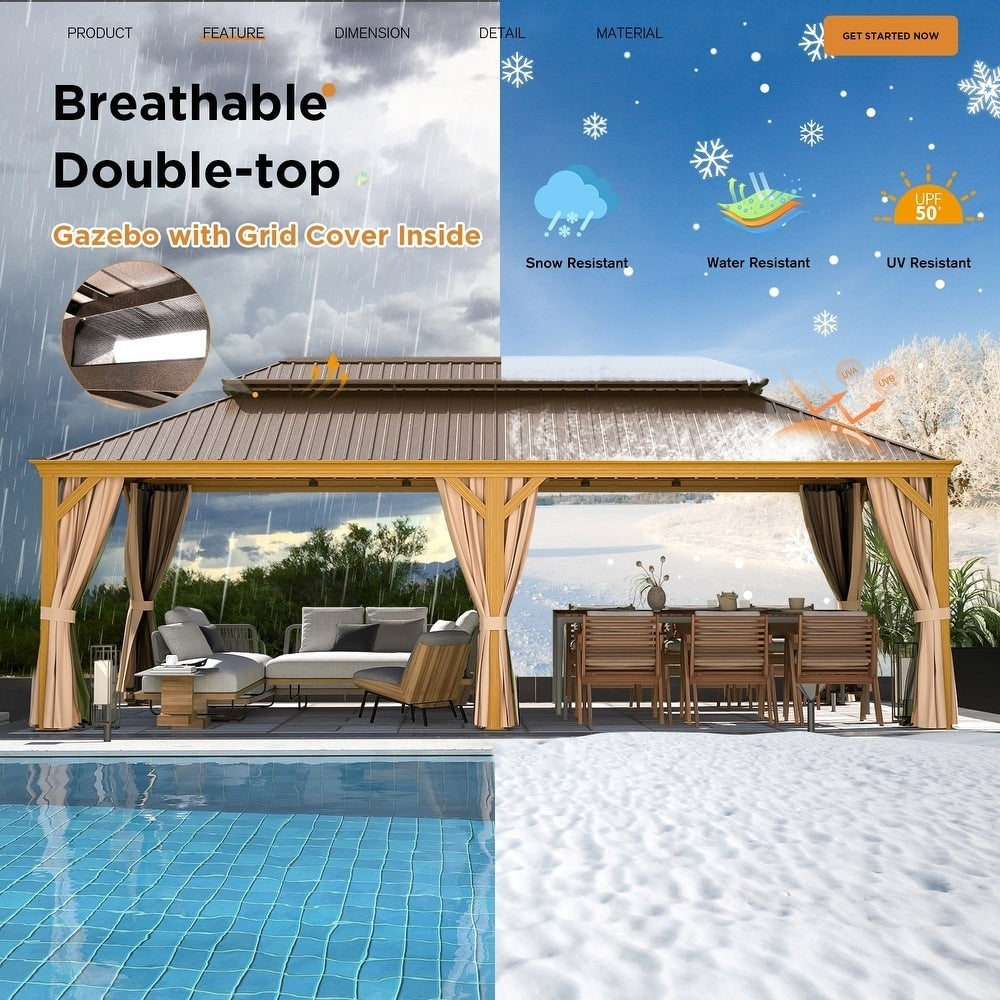 Gazebo extérieur à toit rigide avec double toit en acier galvanisé et cadre en aluminium, pergola extérieure avec rideaux et moustiquaires haut de gamme.