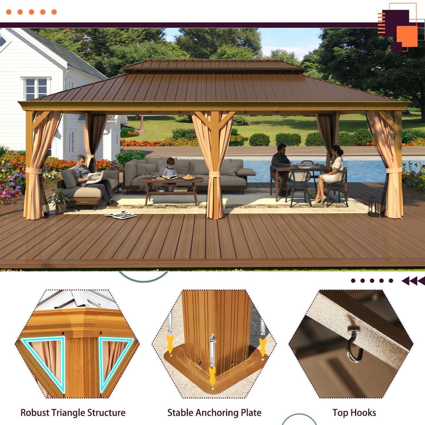 Gazebo extérieur à toit rigide avec double toit en acier galvanisé et cadre en aluminium, pergola extérieure avec rideaux et moustiquaires haut de gamme.