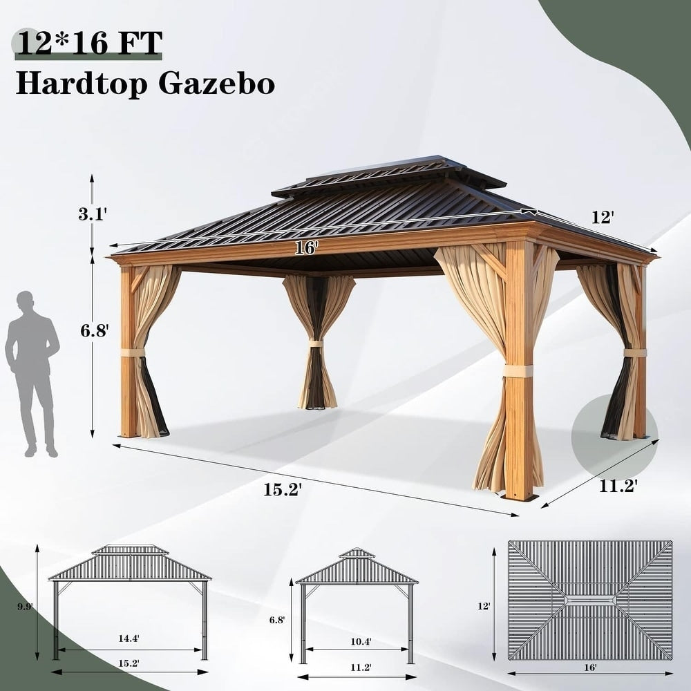 Gazebo extérieur à toit rigide avec double toit en acier galvanisé et cadre en aluminium, pergola extérieure avec rideaux et moustiquaires haut de gamme.