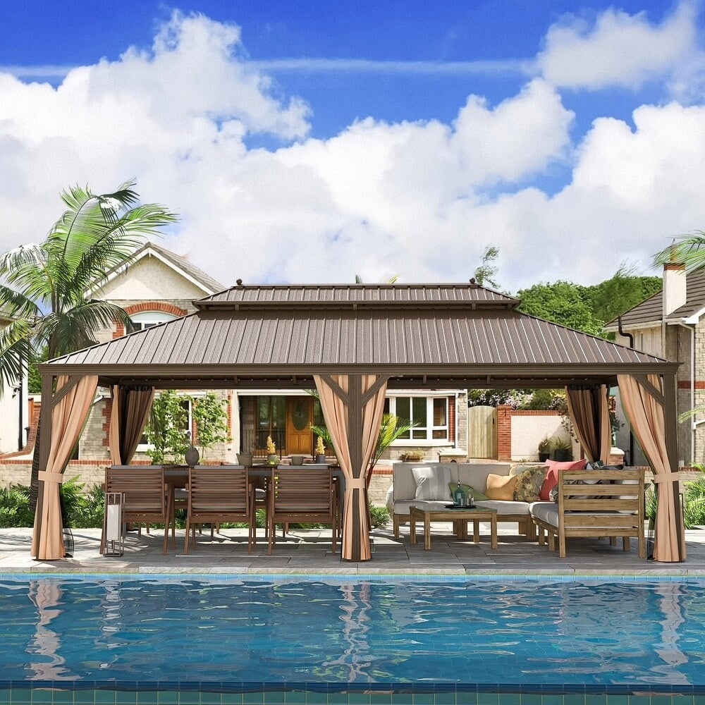 Gazebo extérieur à toit rigide avec double toit en acier galvanisé et cadre en aluminium, pergola extérieure avec rideaux et moustiquaires haut de gamme.