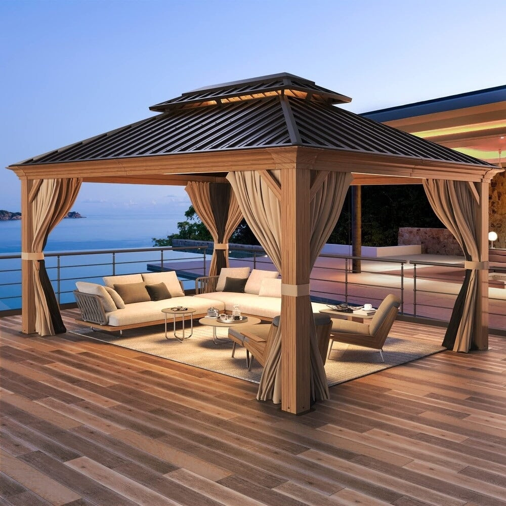 Gazebo extérieur à toit rigide avec double toit en acier galvanisé et cadre en aluminium, pergola extérieure avec rideaux et moustiquaires haut de gamme.