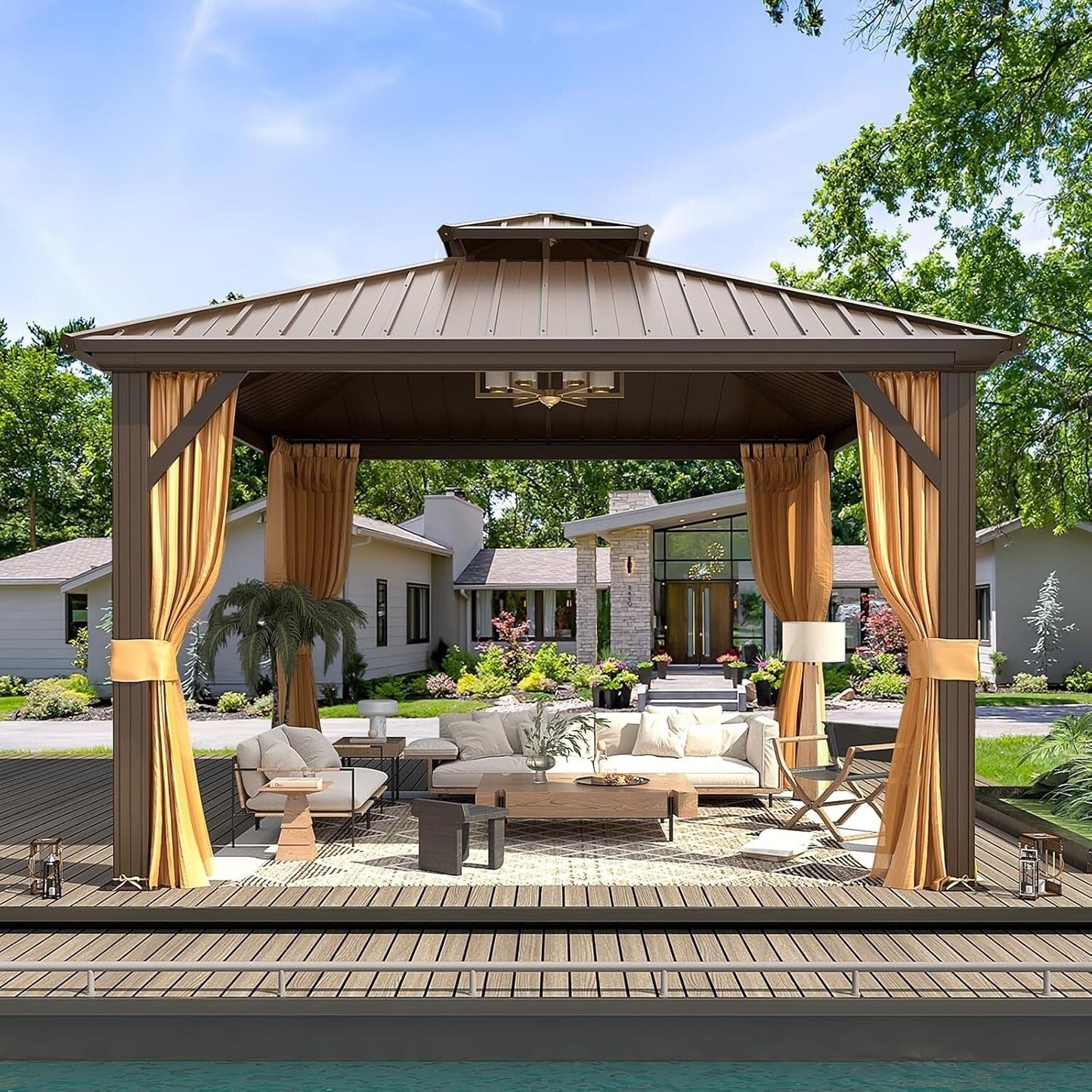Gazebo extérieur à toit rigide avec double toit en acier galvanisé et cadre en aluminium, pergola extérieure avec rideaux et moustiquaires haut de gamme.