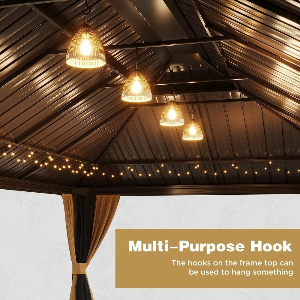 Gazebo extérieur à toit rigide avec double toit en acier galvanisé et cadre en aluminium, pergola extérieure avec rideaux et moustiquaires haut de gamme.