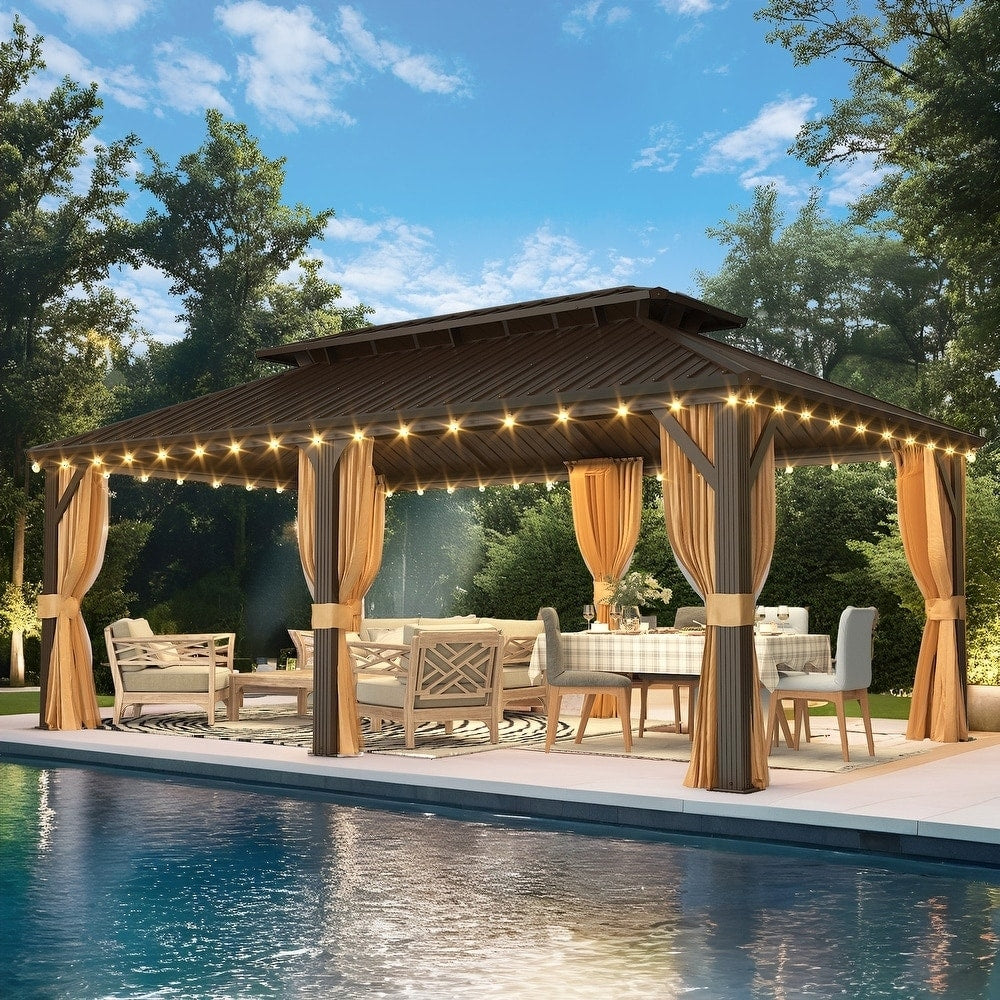 Gazebo extérieur à toit rigide avec double toit en acier galvanisé et cadre en aluminium, pergola extérieure avec rideaux et moustiquaires haut de gamme.