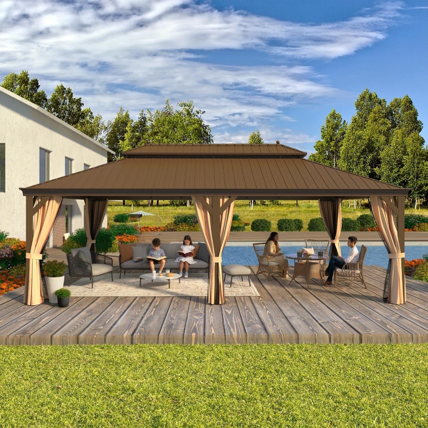Gazebo extérieur à toit rigide avec double toit en acier galvanisé et cadre en aluminium, pergola extérieure avec rideaux et moustiquaires haut de gamme.