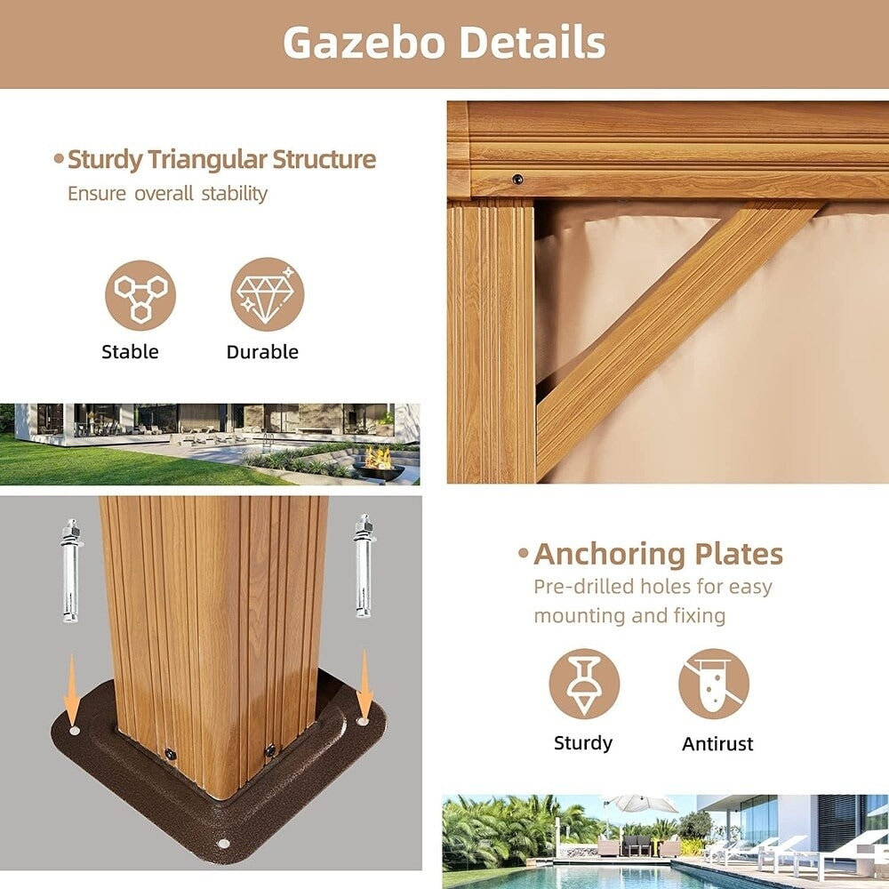 Gazebo extérieur à toit rigide avec double toit en acier galvanisé et cadre en aluminium, pergola extérieure avec rideaux et moustiquaires haut de gamme.