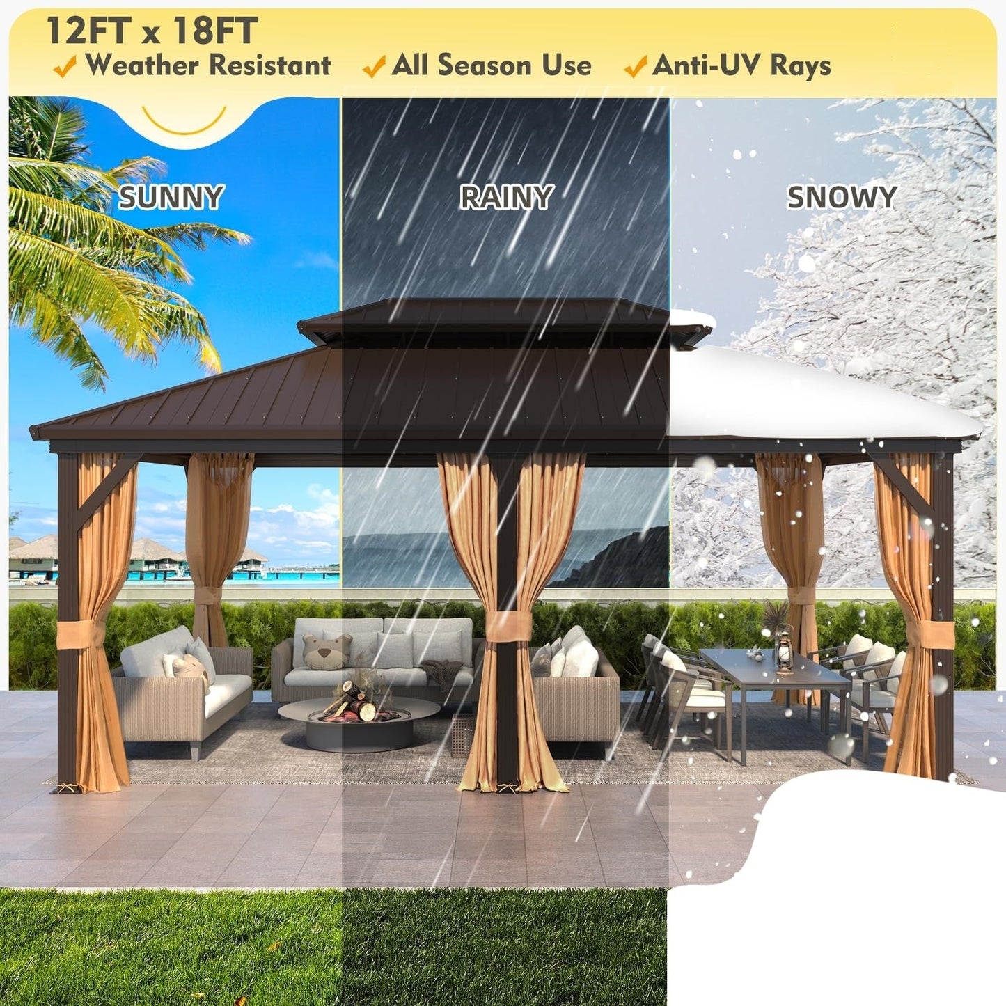 Gazebo extérieur à toit rigide avec double toit en acier galvanisé et cadre en aluminium, pergola extérieure avec rideaux et moustiquaires haut de gamme.