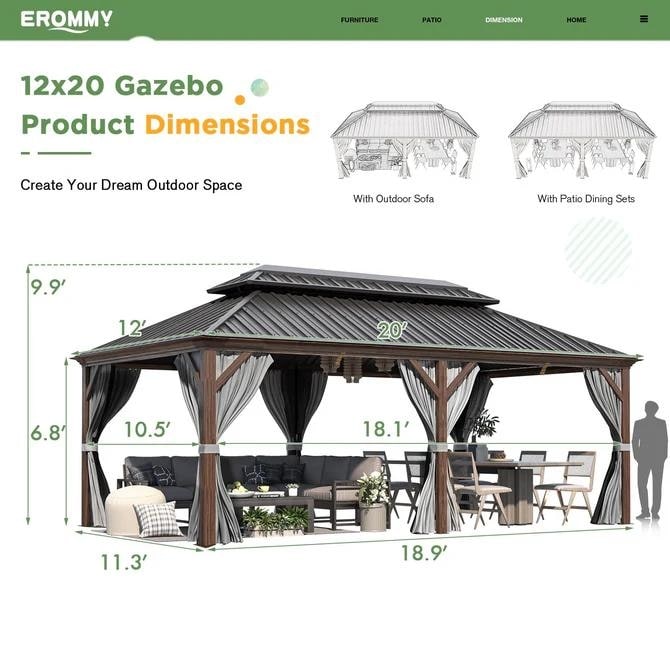 Gazebo extérieur à toit rigide avec double toit en acier galvanisé et cadre en aluminium, pergola extérieure avec rideaux et moustiquaires haut de gamme.
