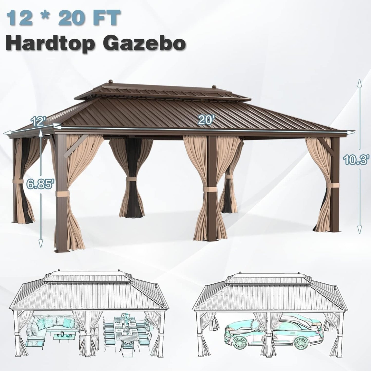 Gazebo extérieur à toit rigide avec double toit en acier galvanisé et cadre en aluminium, pergola extérieure avec rideaux et moustiquaires haut de gamme.
