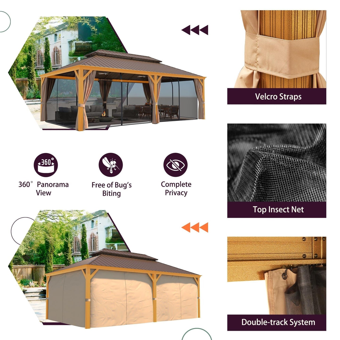 Gazebo extérieur à toit rigide avec double toit en acier galvanisé et cadre en aluminium, pergola extérieure avec rideaux et moustiquaires haut de gamme.