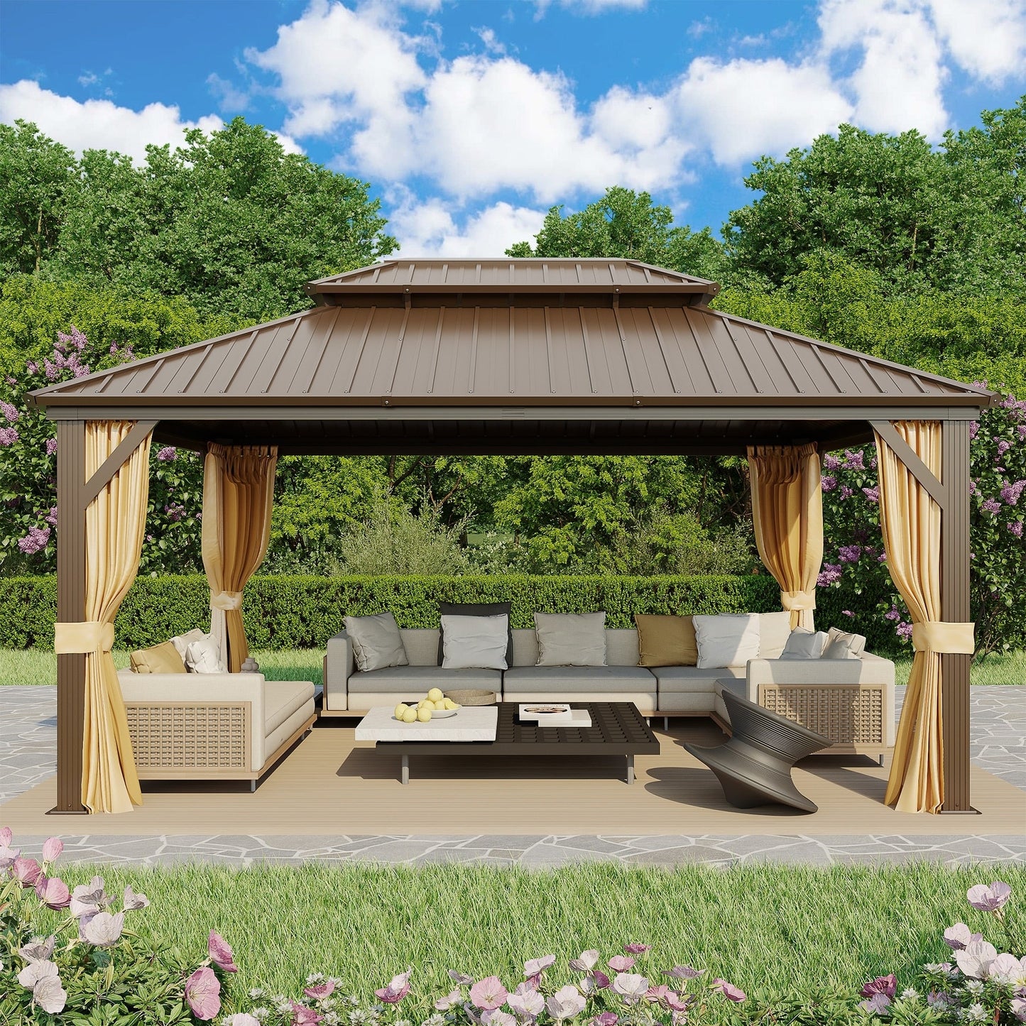Gazebo extérieur à toit rigide avec double toit en acier galvanisé et cadre en aluminium, pergola extérieure avec rideaux et moustiquaires haut de gamme.