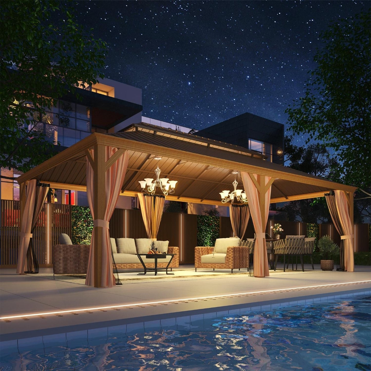 Gazebo extérieur à toit rigide avec double toit en acier galvanisé et cadre en aluminium, pergola extérieure avec rideaux et moustiquaires haut de gamme.