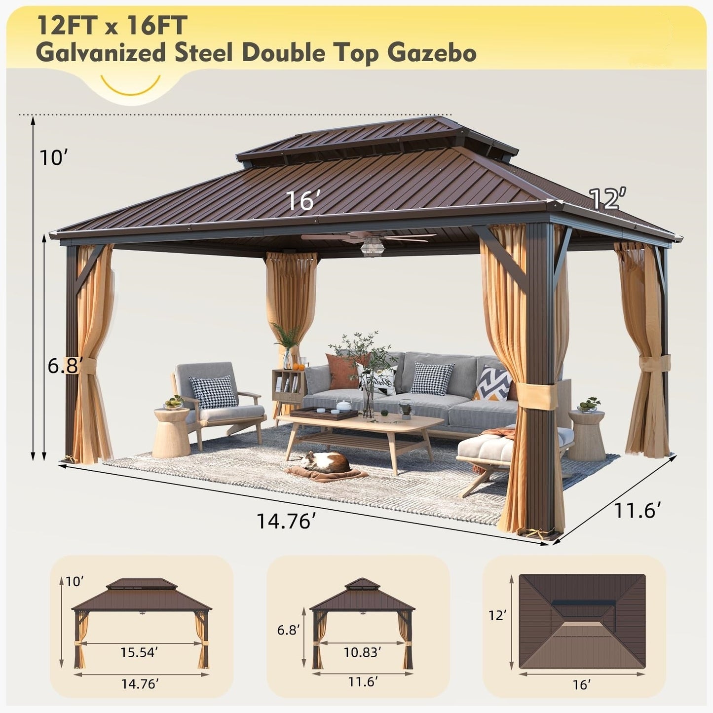 Gazebo extérieur à toit rigide avec double toit en acier galvanisé et cadre en aluminium, pergola extérieure avec rideaux et moustiquaires haut de gamme.