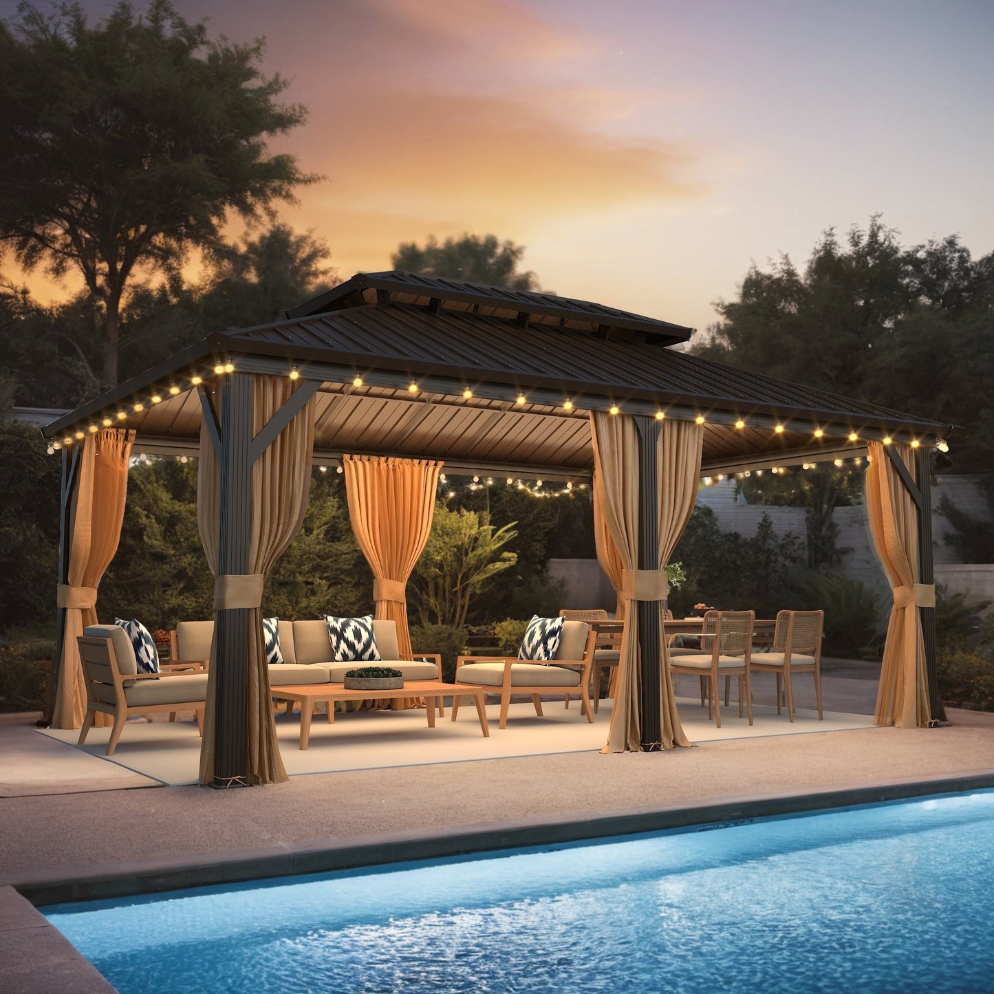 Gazebo extérieur à toit rigide avec double toit en acier galvanisé et cadre en aluminium, pergola extérieure avec rideaux et moustiquaires haut de gamme.